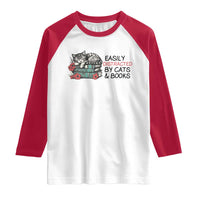 Easily Distracted By Cats And Books Raglan Shirt Lazy Kitty Book Lover - Wonder Print Shop