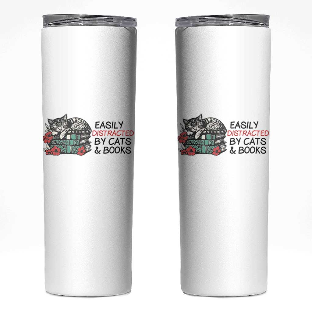 Easily Distracted By Cats And Books Skinny Tumbler Lazy Kitty Book Lover