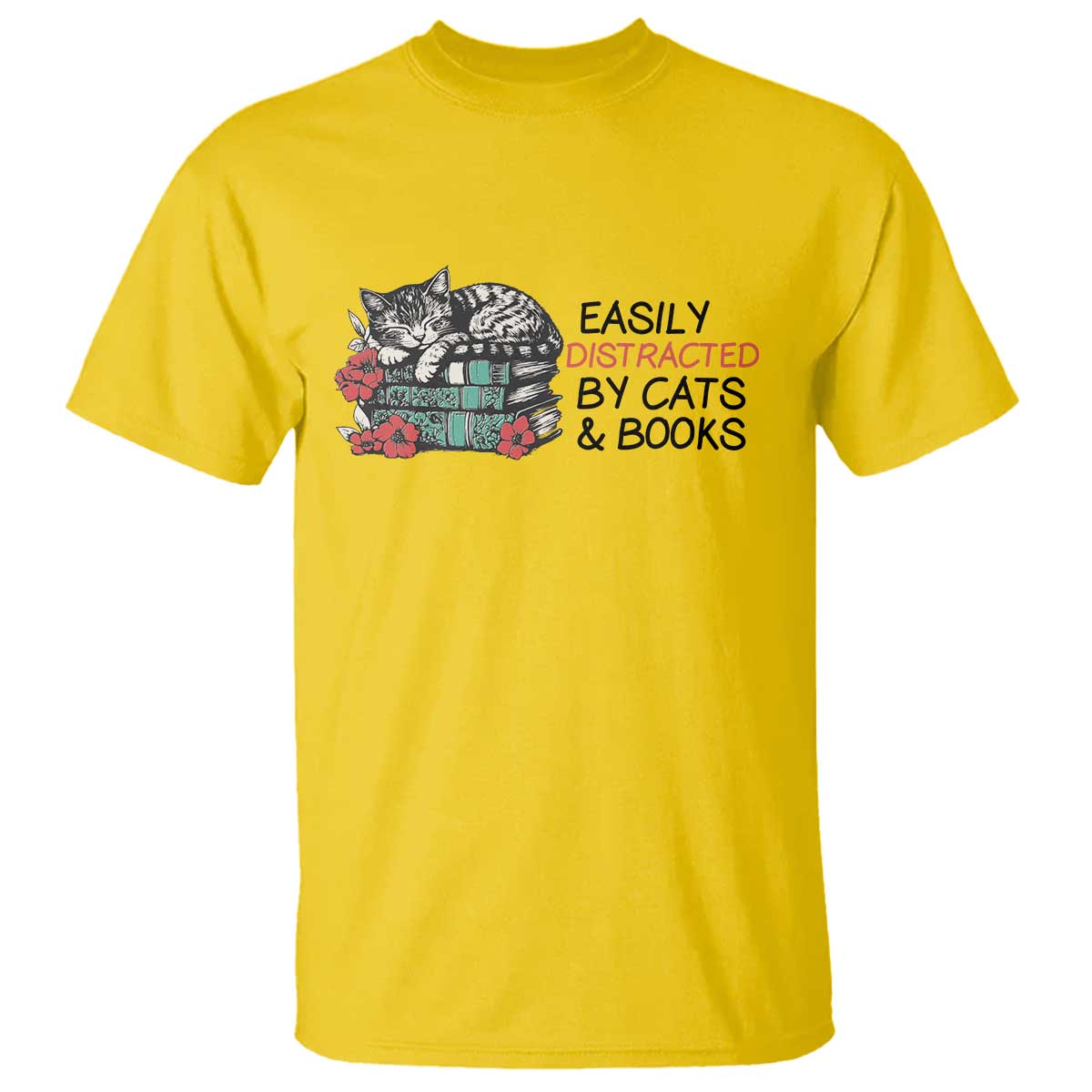Easily Distracted By Cats And Books T Shirt Lazy Kitty Book Lover - Wonder Print Shop