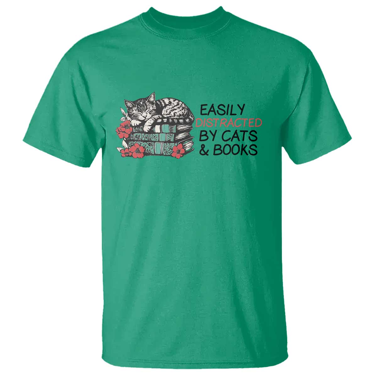 Easily Distracted By Cats And Books T Shirt Lazy Kitty Book Lover - Wonder Print Shop