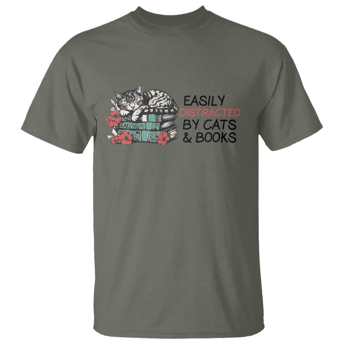 Easily Distracted By Cats And Books T Shirt Lazy Kitty Book Lover - Wonder Print Shop