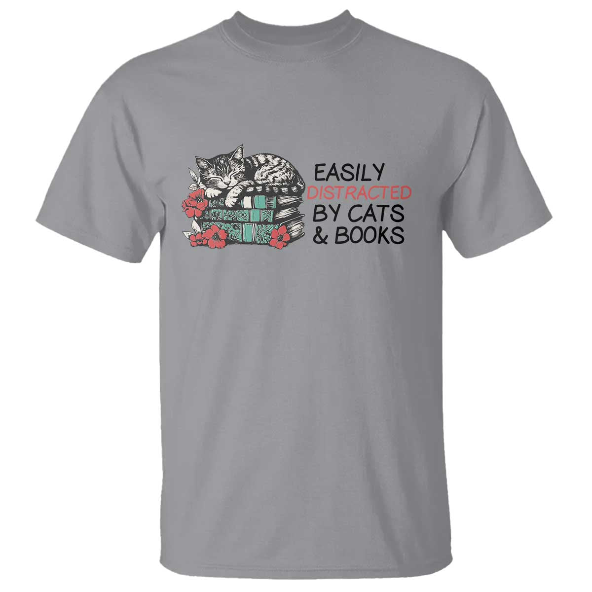 Easily Distracted By Cats And Books T Shirt Lazy Kitty Book Lover - Wonder Print Shop