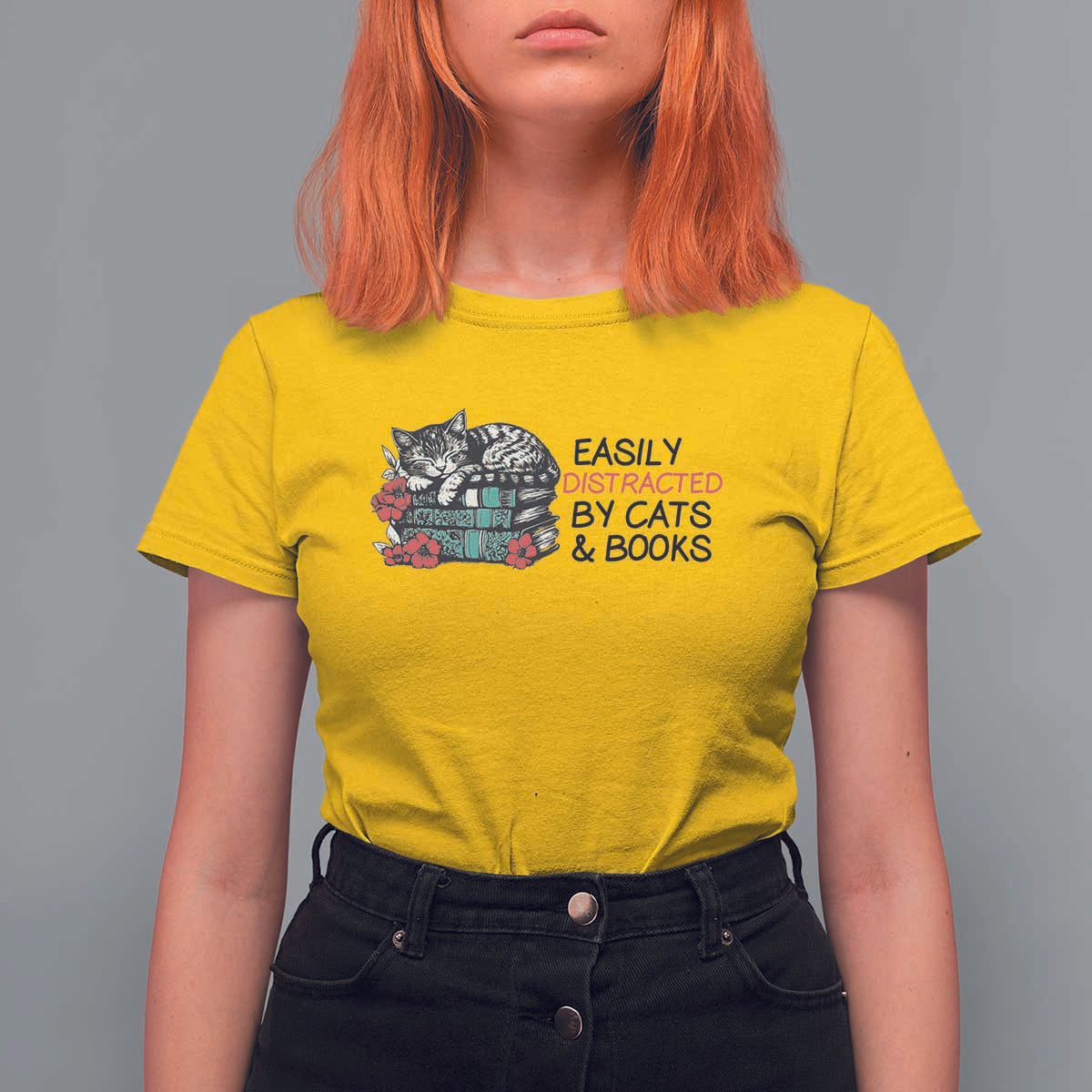 Easily Distracted By Cats And Books T Shirt For Women Lazy Kitty Book Lover - Wonder Print Shop