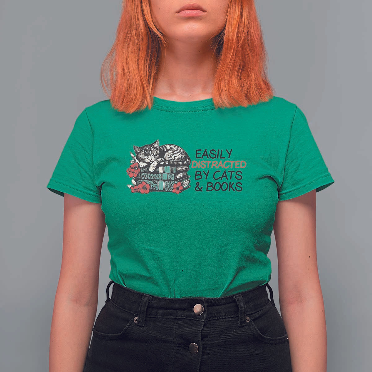 Easily Distracted By Cats And Books T Shirt For Women Lazy Kitty Book Lover - Wonder Print Shop