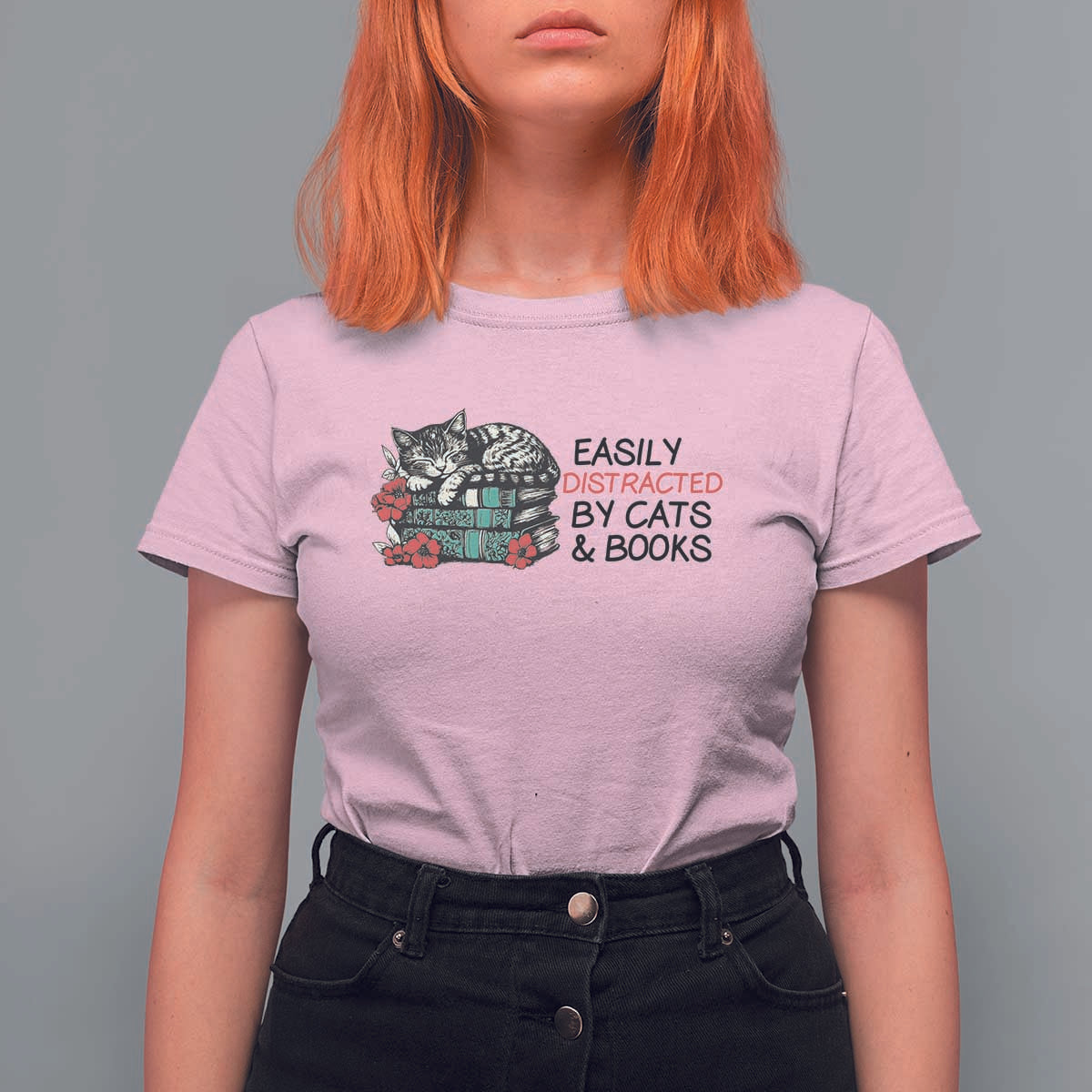Easily Distracted By Cats And Books T Shirt For Women Lazy Kitty Book Lover - Wonder Print Shop