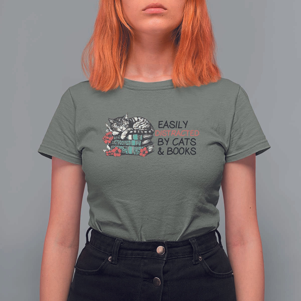 Easily Distracted By Cats And Books T Shirt For Women Lazy Kitty Book Lover - Wonder Print Shop