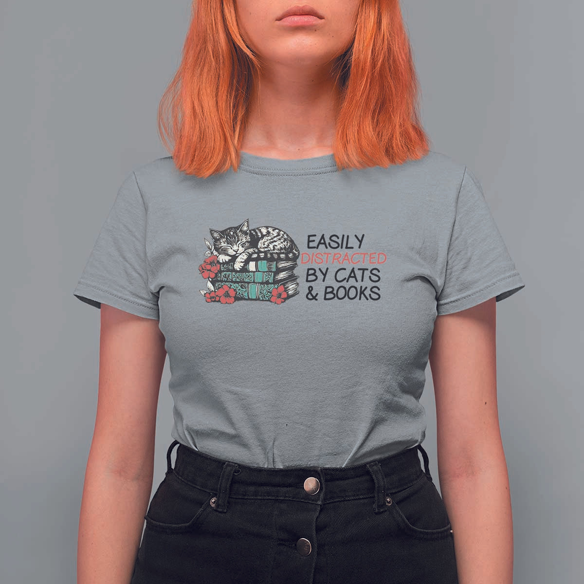 Easily Distracted By Cats And Books T Shirt For Women Lazy Kitty Book Lover - Wonder Print Shop