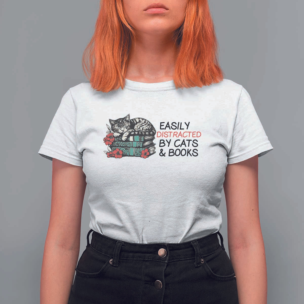 Easily Distracted By Cats And Books T Shirt For Women Lazy Kitty Book Lover - Wonder Print Shop
