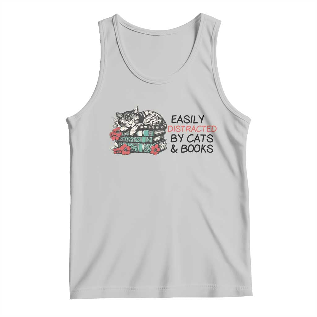 Easily Distracted By Cats And Books Tank Top Lazy Kitty Book Lover - Wonder Print Shop