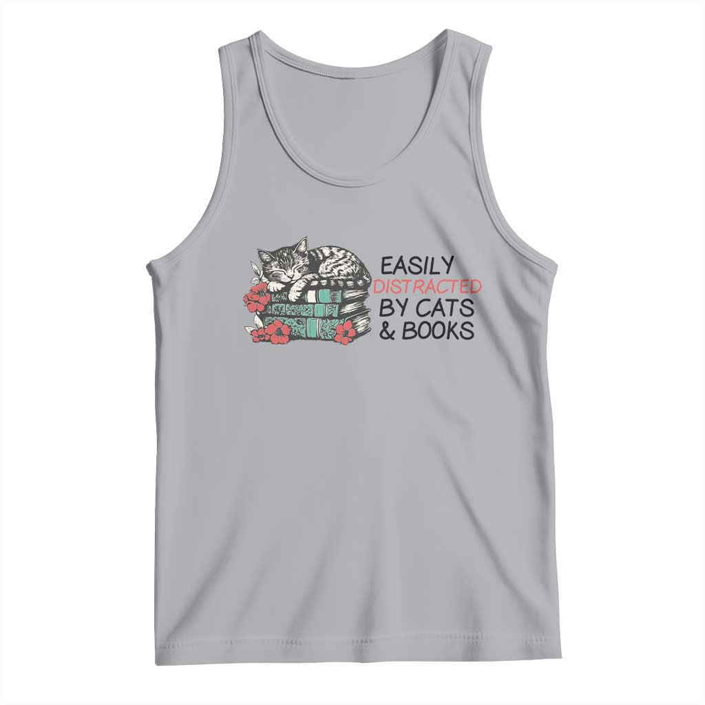 Easily Distracted By Cats And Books Tank Top Lazy Kitty Book Lover - Wonder Print Shop