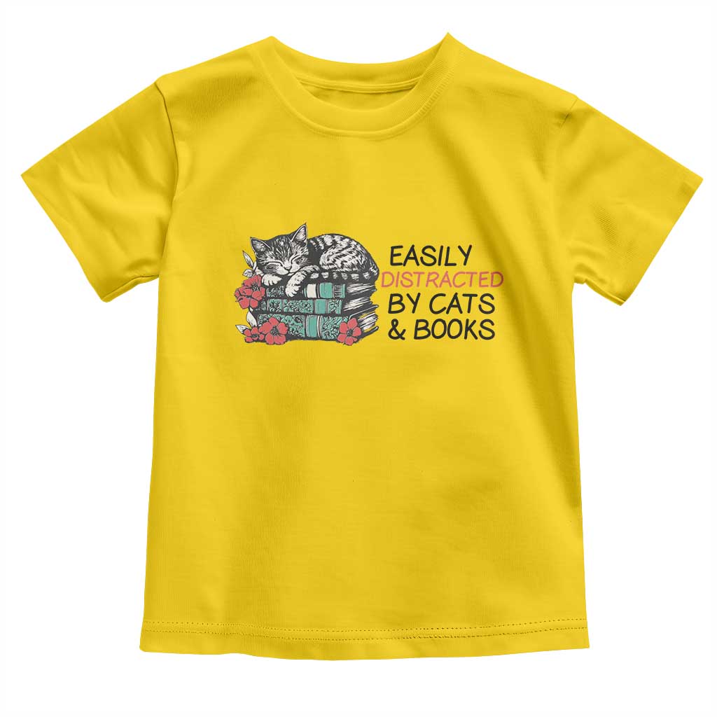 Easily Distracted By Cats And Books Toddler T Shirt Lazy Kitty Book Lover - Wonder Print Shop