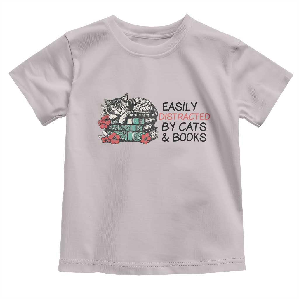 Easily Distracted By Cats And Books Toddler T Shirt Lazy Kitty Book Lover - Wonder Print Shop