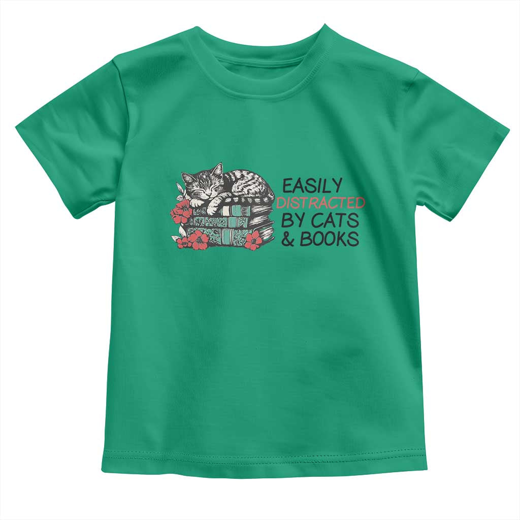 Easily Distracted By Cats And Books Toddler T Shirt Lazy Kitty Book Lover - Wonder Print Shop