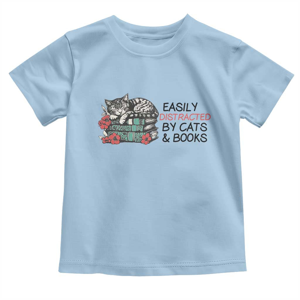 Easily Distracted By Cats And Books Toddler T Shirt Lazy Kitty Book Lover - Wonder Print Shop