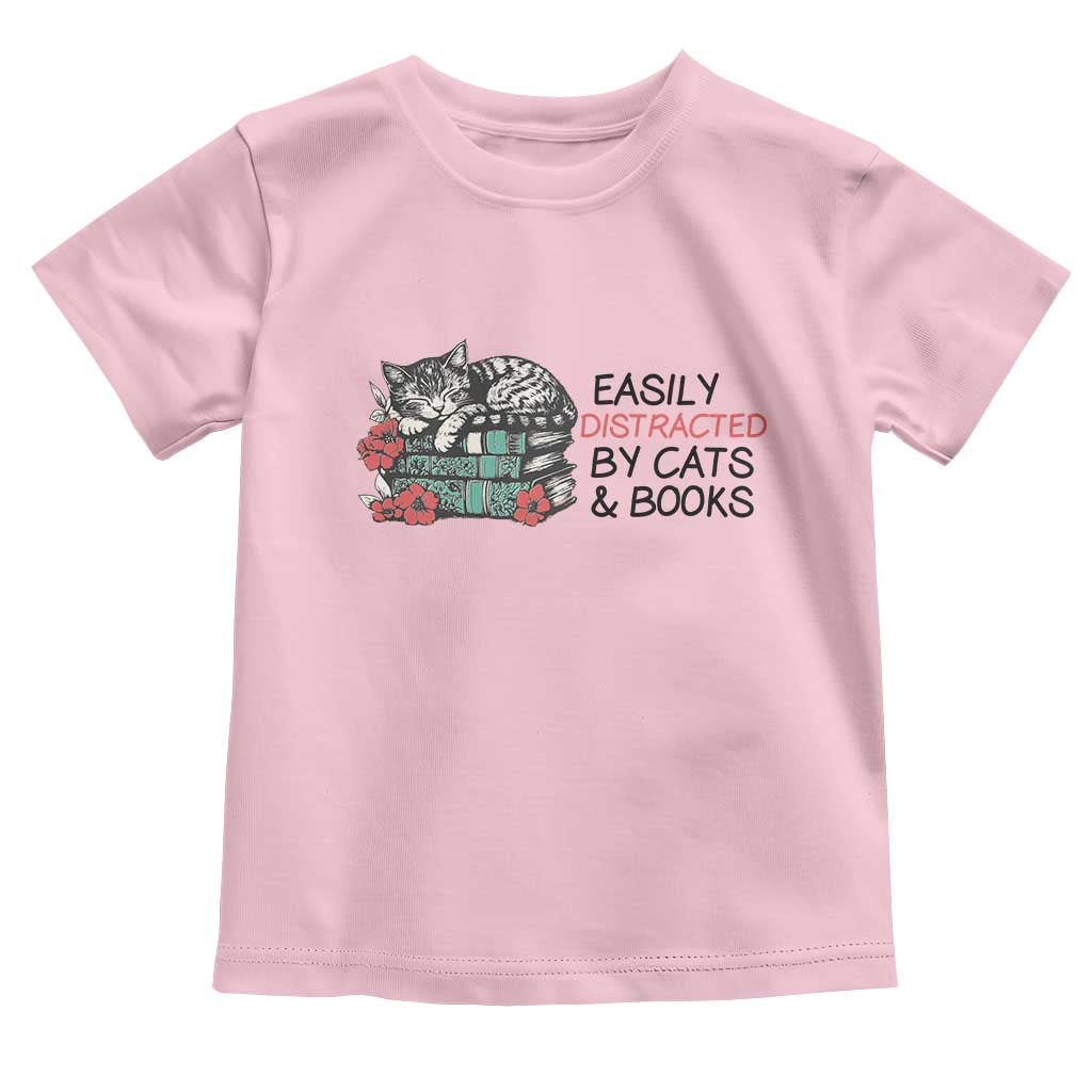 Easily Distracted By Cats And Books Toddler T Shirt Lazy Kitty Book Lover - Wonder Print Shop