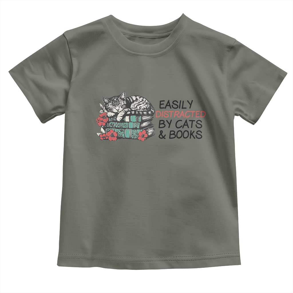 Easily Distracted By Cats And Books Toddler T Shirt Lazy Kitty Book Lover - Wonder Print Shop