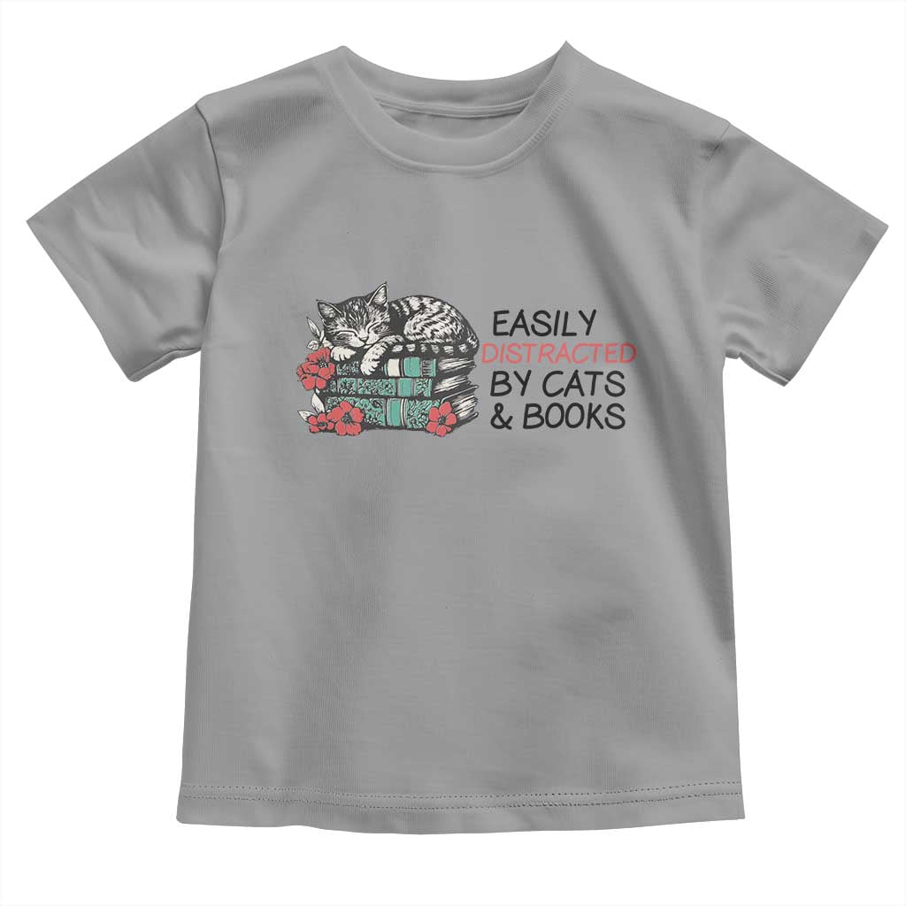 Easily Distracted By Cats And Books Toddler T Shirt Lazy Kitty Book Lover - Wonder Print Shop