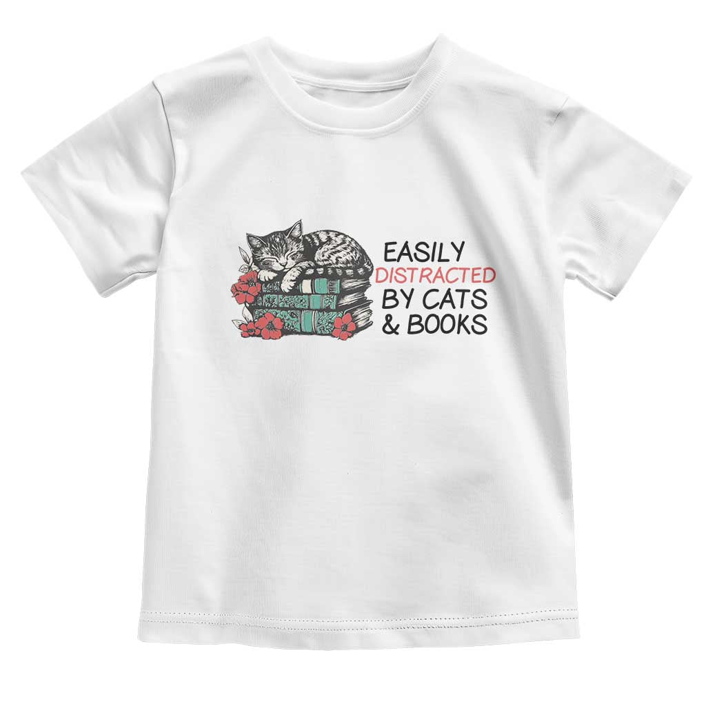 Easily Distracted By Cats And Books Toddler T Shirt Lazy Kitty Book Lover - Wonder Print Shop