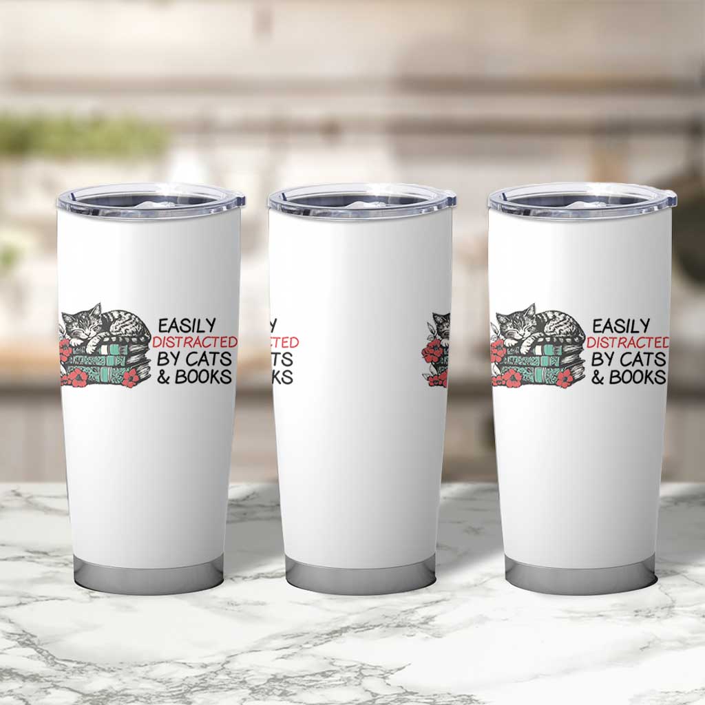 Easily Distracted By Cats And Books Tumbler Cup Lazy Kitty Book Lover