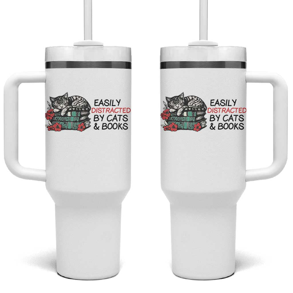 Easily Distracted By Cats And Books Tumbler With Handle Lazy Kitty Book Lover