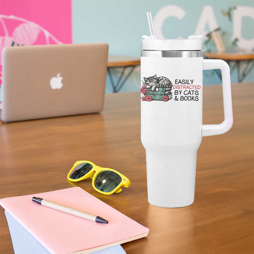 Easily Distracted By Cats And Books Tumbler With Handle Lazy Kitty Book Lover