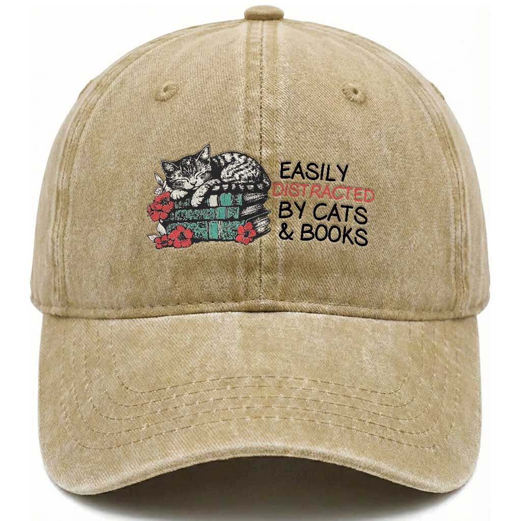 Easily Distracted By Cats And Books Washed Cotton Baseball Cap Lazy Kitty Book Lover