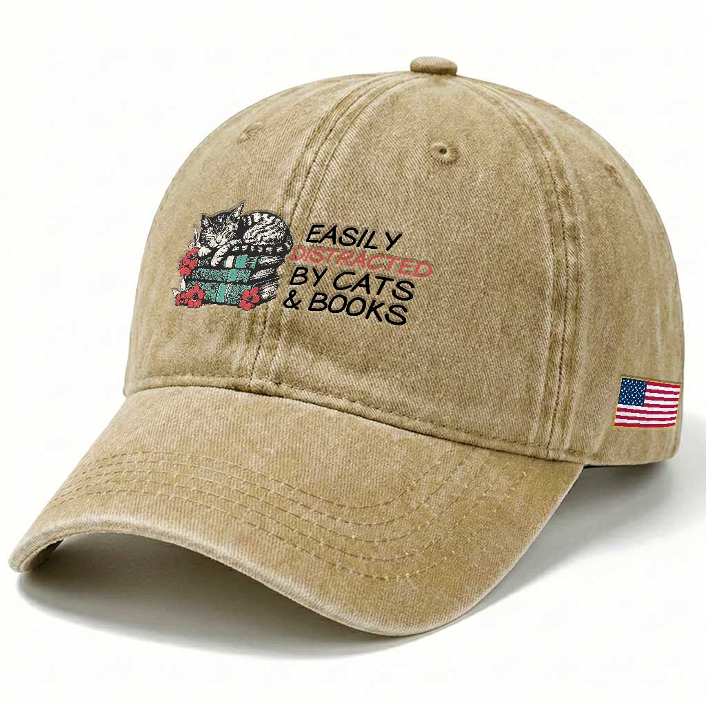 Easily Distracted By Cats And Books Washed Cotton Baseball Cap Lazy Kitty Book Lover