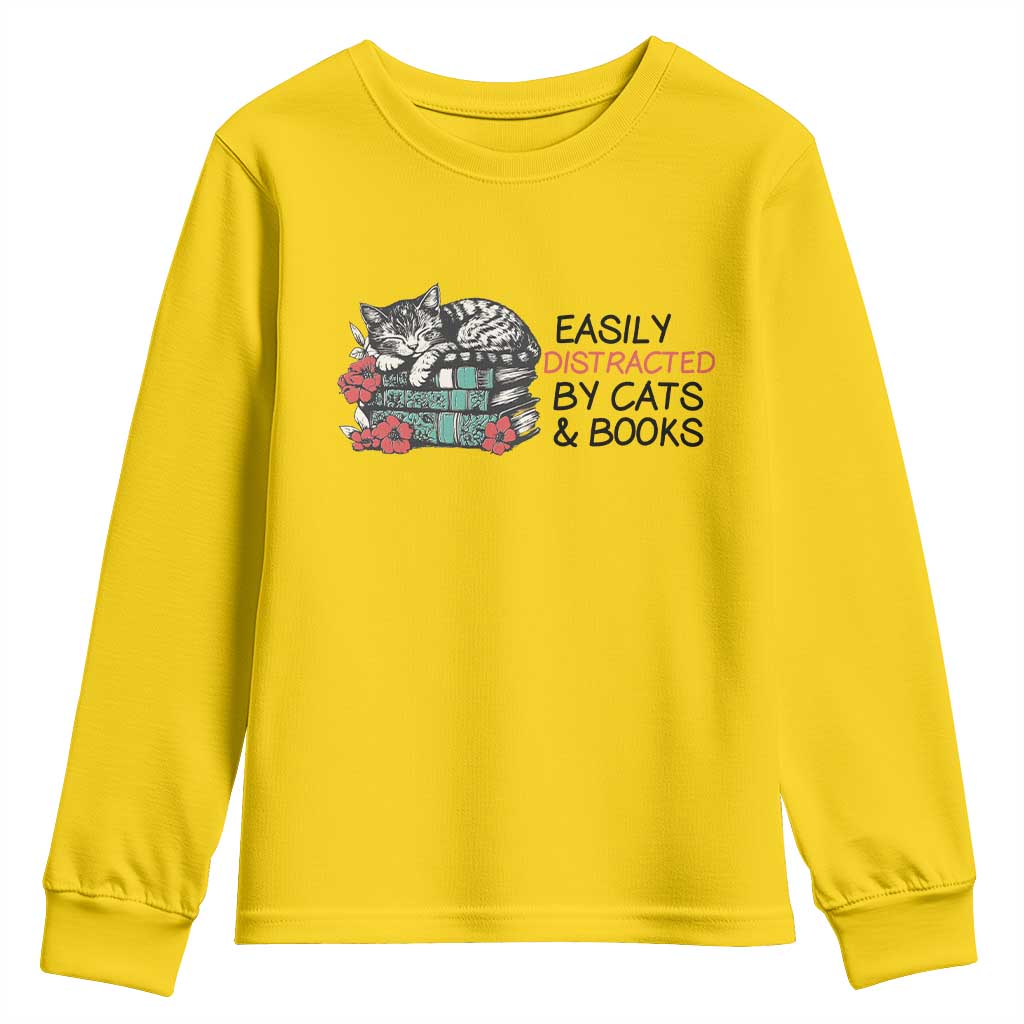 Easily Distracted By Cats And Books Youth Sweatshirt Lazy Kitty Book Lover - Wonder Print Shop