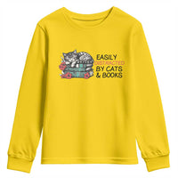 Easily Distracted By Cats And Books Youth Sweatshirt Lazy Kitty Book Lover - Wonder Print Shop