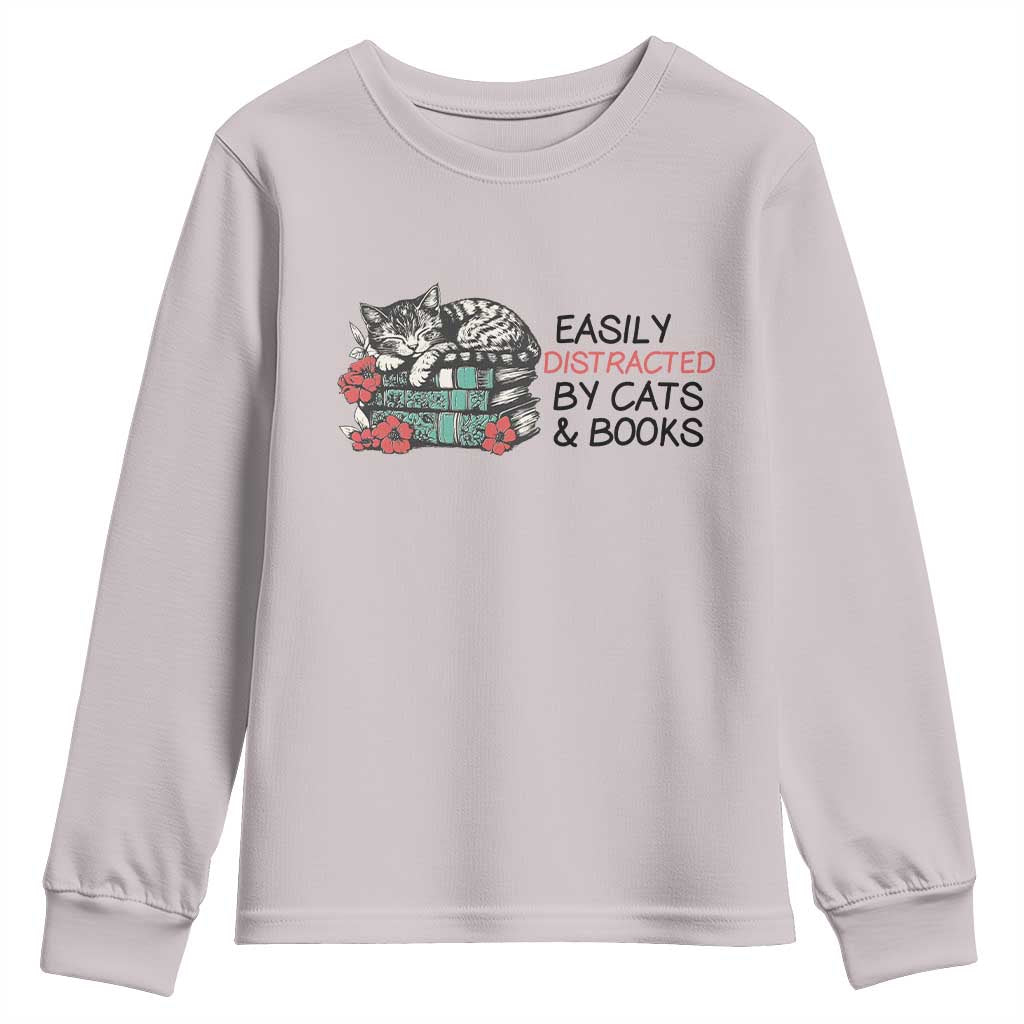 Easily Distracted By Cats And Books Youth Sweatshirt Lazy Kitty Book Lover - Wonder Print Shop