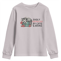 Easily Distracted By Cats And Books Youth Sweatshirt Lazy Kitty Book Lover - Wonder Print Shop