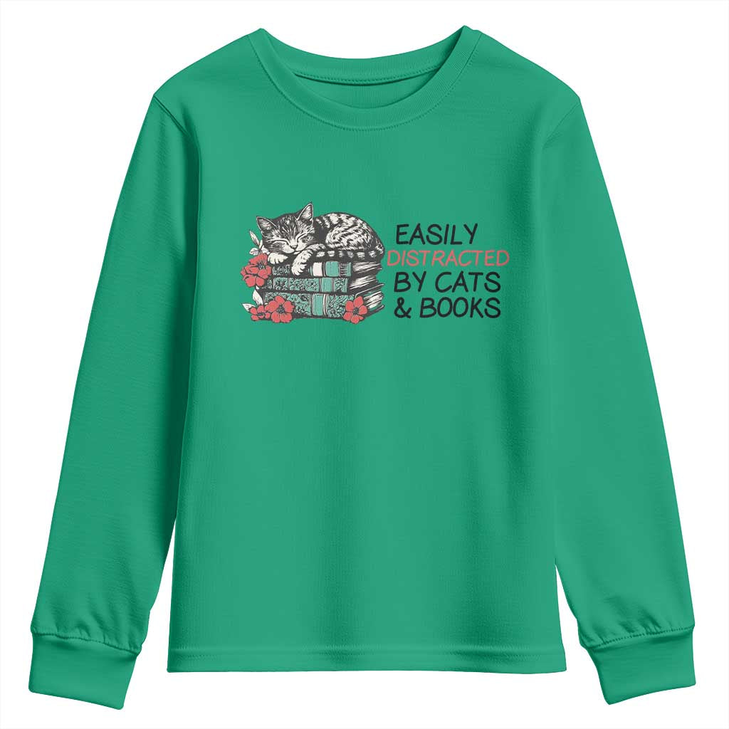 Easily Distracted By Cats And Books Youth Sweatshirt Lazy Kitty Book Lover - Wonder Print Shop