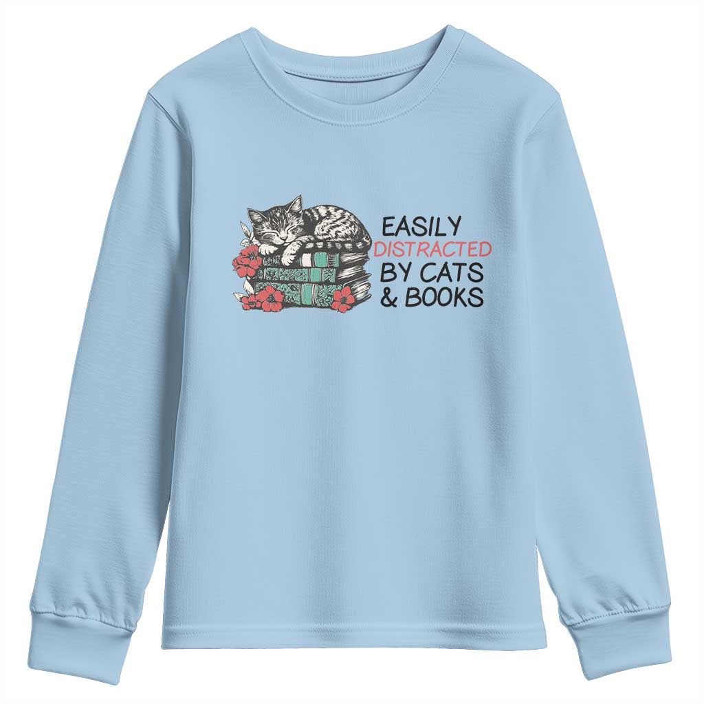 Easily Distracted By Cats And Books Youth Sweatshirt Lazy Kitty Book Lover - Wonder Print Shop