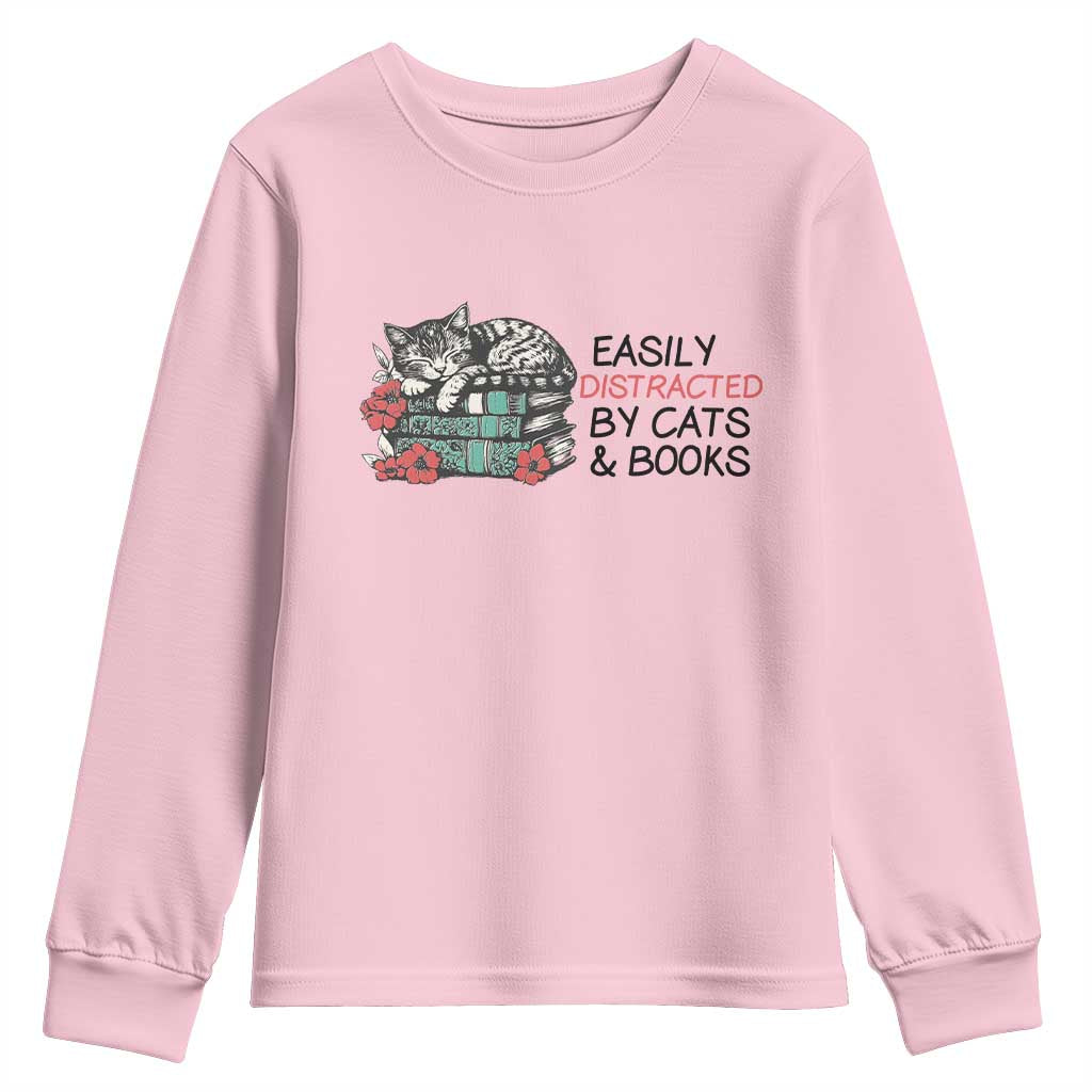 Easily Distracted By Cats And Books Youth Sweatshirt Lazy Kitty Book Lover - Wonder Print Shop