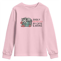 Easily Distracted By Cats And Books Youth Sweatshirt Lazy Kitty Book Lover - Wonder Print Shop