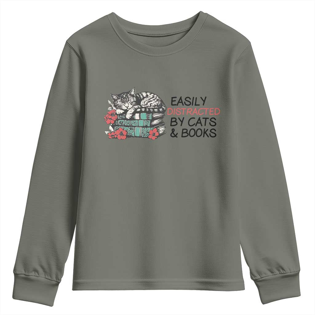 Easily Distracted By Cats And Books Youth Sweatshirt Lazy Kitty Book Lover - Wonder Print Shop
