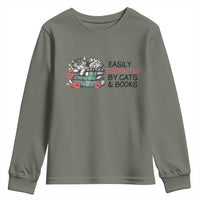 Easily Distracted By Cats And Books Youth Sweatshirt Lazy Kitty Book Lover - Wonder Print Shop