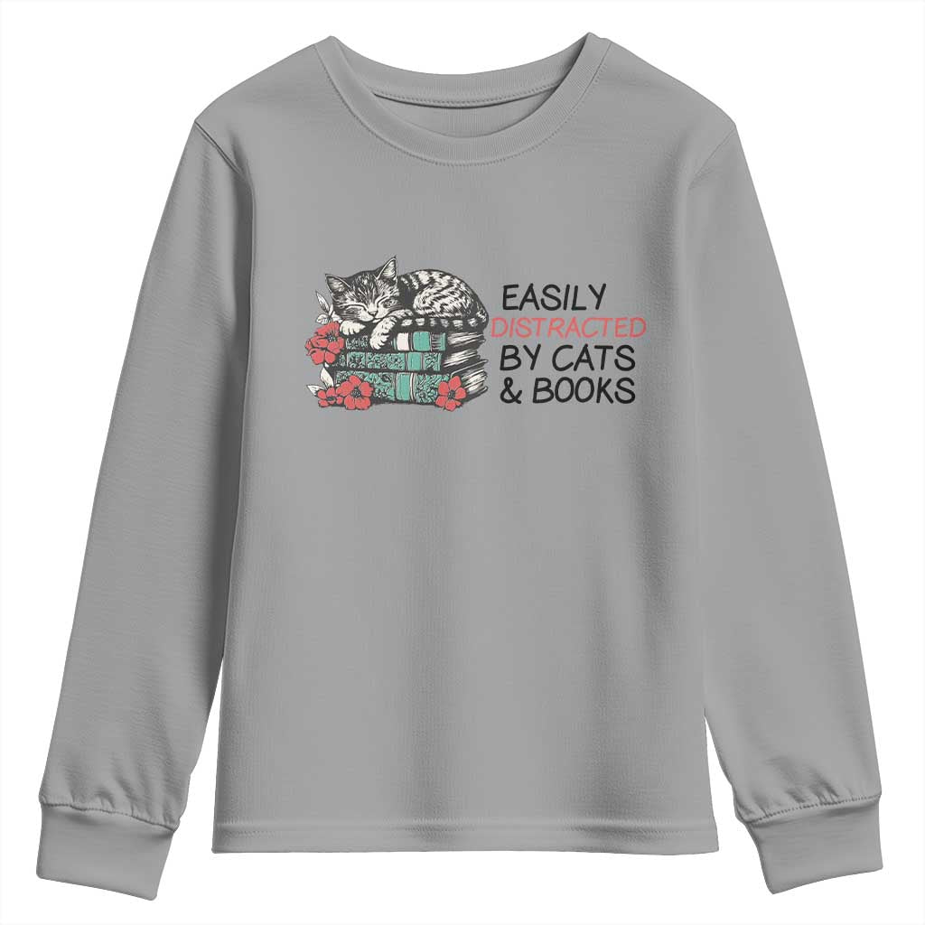 Easily Distracted By Cats And Books Youth Sweatshirt Lazy Kitty Book Lover - Wonder Print Shop