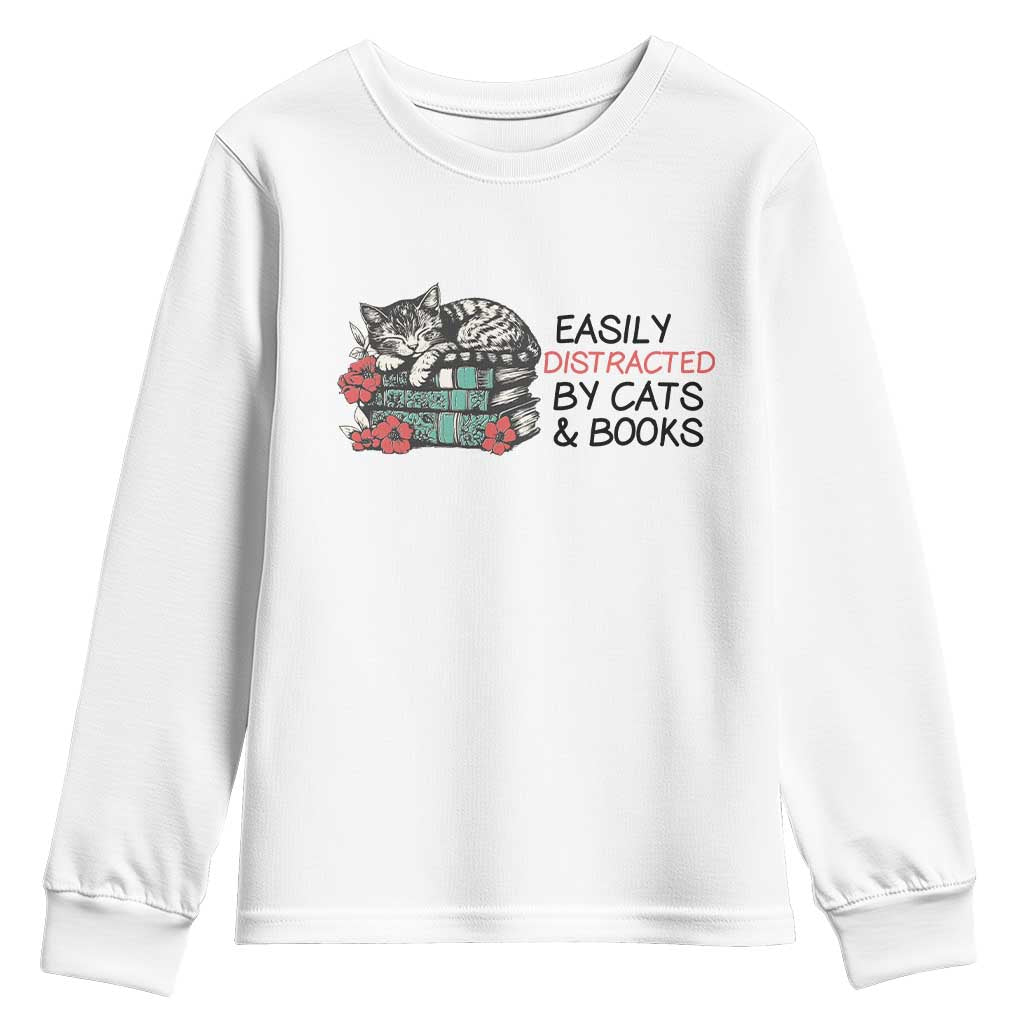 Easily Distracted By Cats And Books Youth Sweatshirt Lazy Kitty Book Lover - Wonder Print Shop