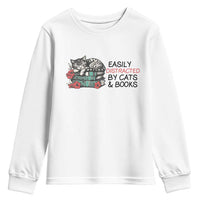 Easily Distracted By Cats And Books Youth Sweatshirt Lazy Kitty Book Lover - Wonder Print Shop