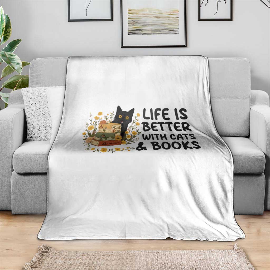 Life Is Better With Cats And Books Throw Blanket Funny Black Cat Book Lover - Wonder Print Shop