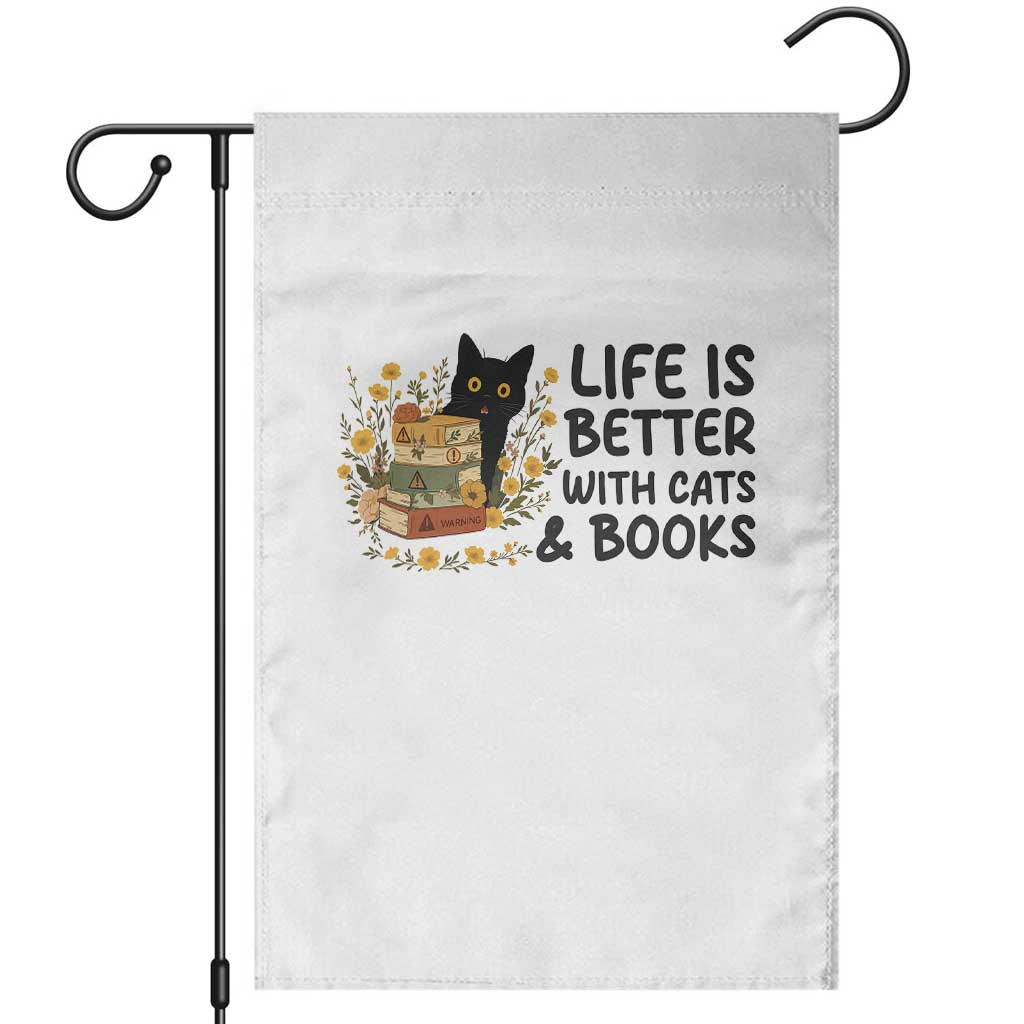 Life Is Better With Cats And Books Garden Flag Funny Black Cat Book Lover - Wonder Print Shop