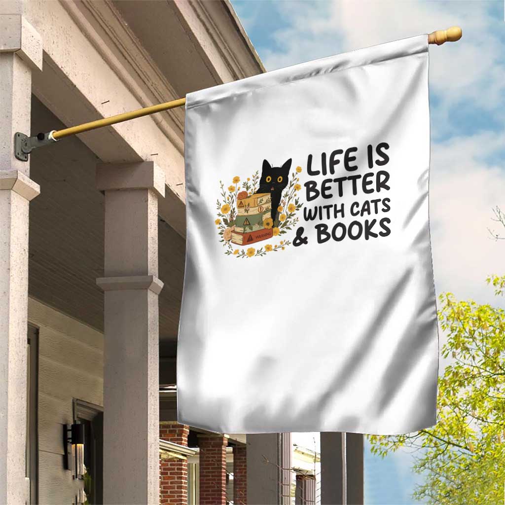 Life Is Better With Cats And Books Garden Flag Funny Black Cat Book Lover - Wonder Print Shop