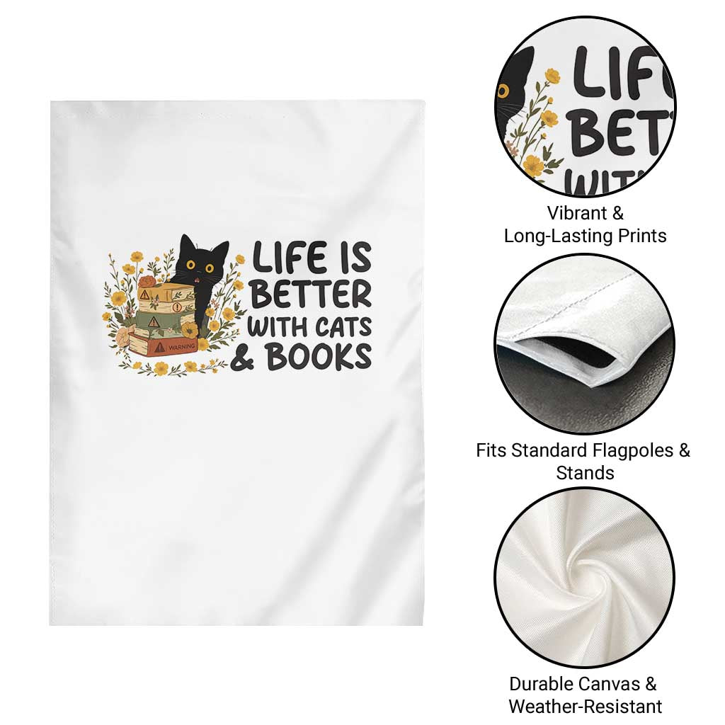 Life Is Better With Cats And Books Garden Flag Funny Black Cat Book Lover - Wonder Print Shop