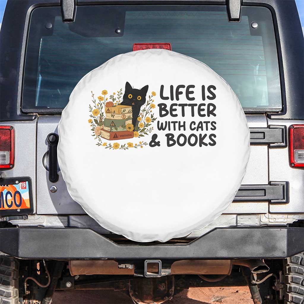 Life Is Better With Cats And Books Spare Tire Cover Funny Black Cat Book Lover - Wonder Print Shop