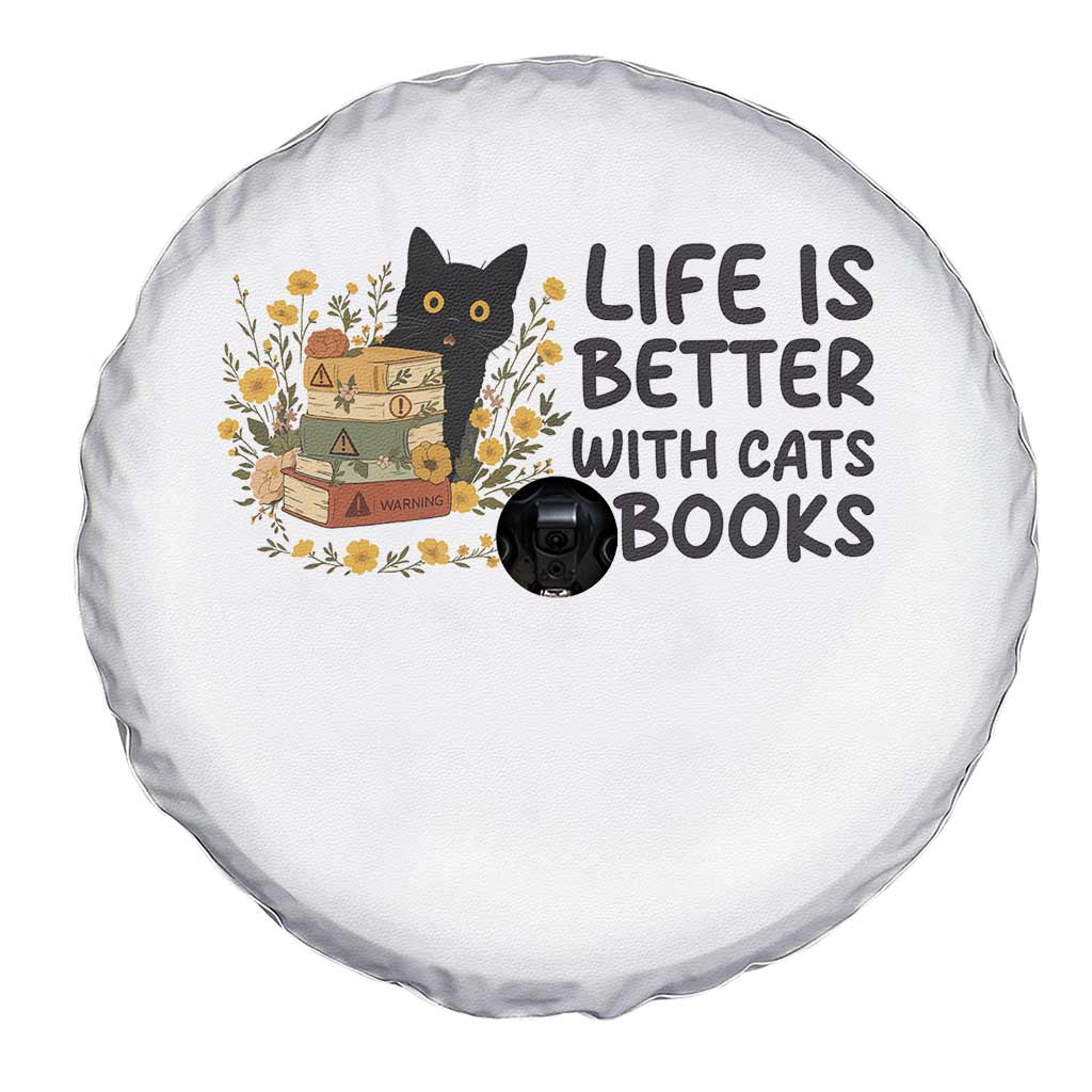 Life Is Better With Cats And Books Spare Tire Cover Funny Black Cat Book Lover - Wonder Print Shop