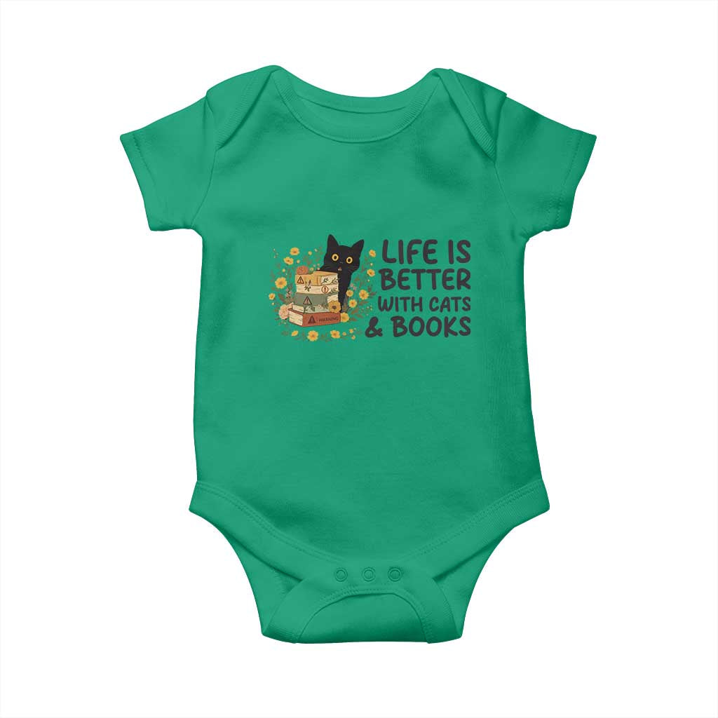 Life Is Better With Cats And Books Baby Onesie Funny Black Cat Book Lover - Wonder Print Shop