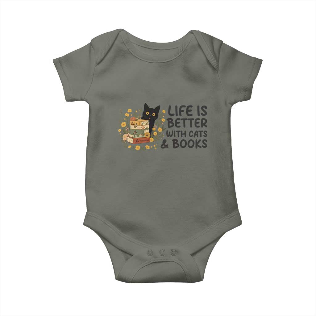 Life Is Better With Cats And Books Baby Onesie Funny Black Cat Book Lover - Wonder Print Shop