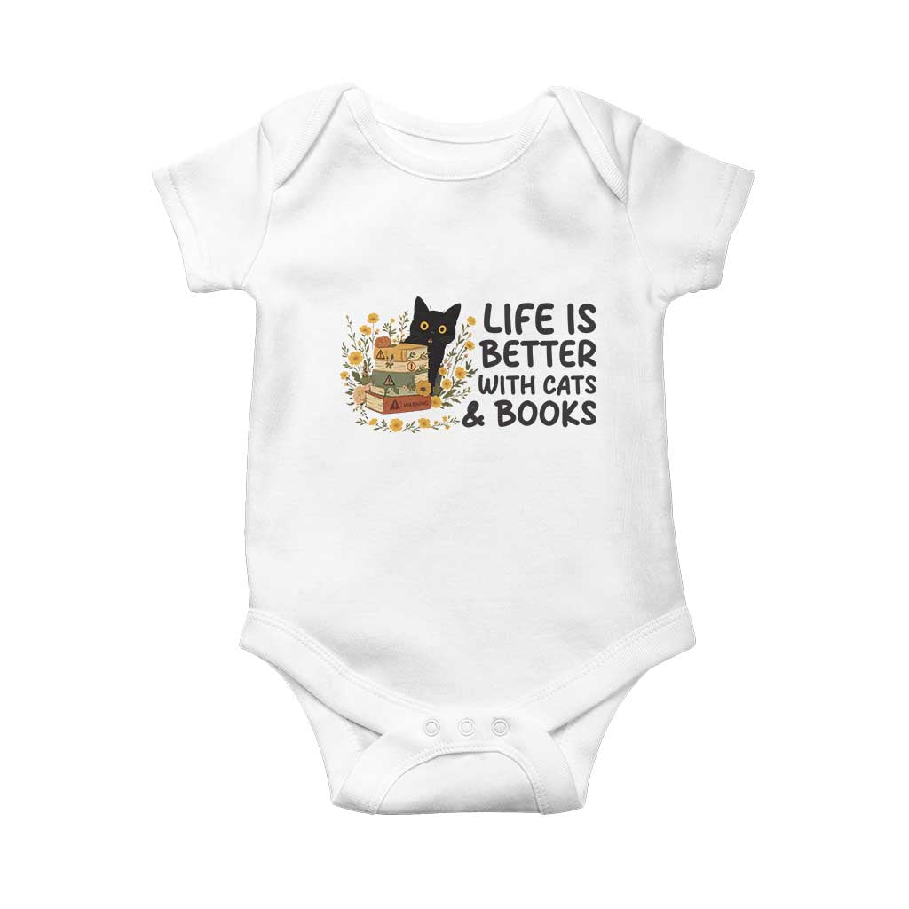 Life Is Better With Cats And Books Baby Onesie Funny Black Cat Book Lover - Wonder Print Shop