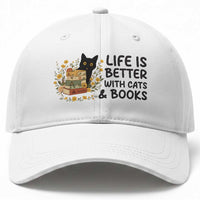 Life Is Better With Cats And Books Baseball Cap Funny Black Cat Book Lover